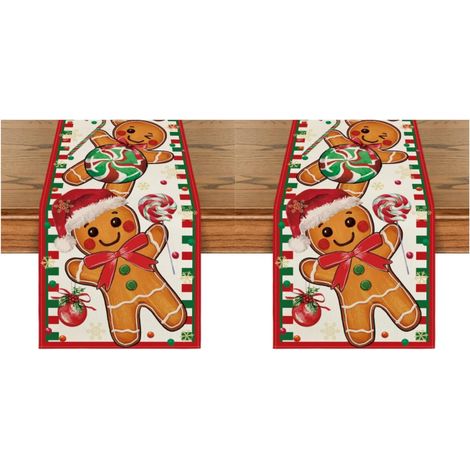 Camino de mesa navideño de pan de jengibre, decoración para el hogar y las fiestas, 33 x 183 cm. Adornos navideños con forma de bastón de caramelo (2 unidades). (1/5)
