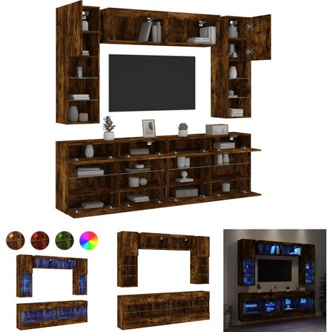 Wandmontage - vidaXL 6-tlg. TV-Wohnwand mit LED-Leuchten Räuchereiche - Stauraum (1/5)