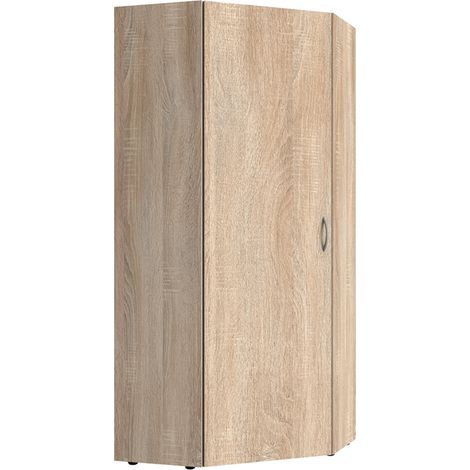 Pegane – Armoire d'angle imitation chêne – 5 tablettes – Longueur 80 cm – Hauteur 185 cm – Profondeur 80 cm – Panneaux de particules mélaminés