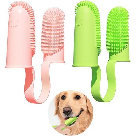 Brosse à dents pour chien, lot de 2, poils enveloppants à 135°, pour le nettoyage des dents des chiens, brosse à dents pour chiots, chats et petits chiens (rose et vert) (1/5)