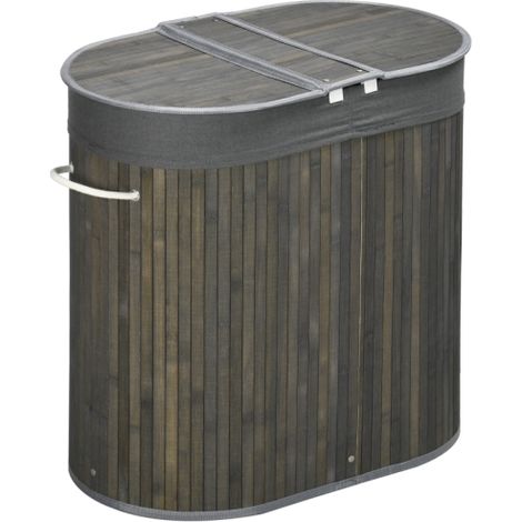 Extra Large Bamboo Laundry Basket with Lid, 100L Capacity, Two-Section Design, Removable Washable Lining, Stylish Grey Hamper, 62.5 x 37 x 60.5cm