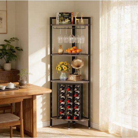 Eck-Weinregal grau aus MDF und Metall mit Glashaltern und 4 Ebenen (1/5)