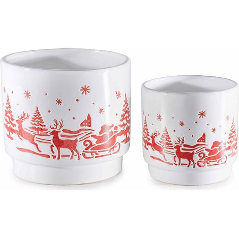 Vasi di Natale con paesaggio natalizio e renne in terracotta in set da due pezzi, set da 4 pezzi, Grande: Ø 13,5 cm x 12 H