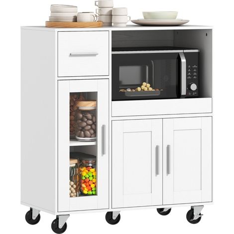 Meuble de cuisine sur roulettes avec tiroir, étagère réglable, plateau coulissant et passe-câble, blanc style Shaker moderne, pour micro-ondes - CHICFURN (1/5)