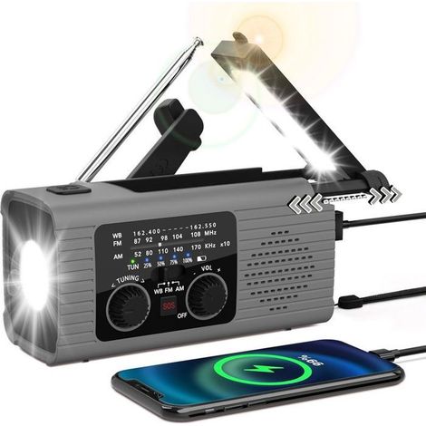 Radio d'urgence AM/FM/NOAA avec radio solaire, lampe de poche LED, générateur à manivelle, sirène SOS, 2000 mAh, gris. (1/5)