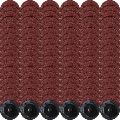 2-inch red sanding discs, 114 grit, with 36 grit rollers for surface polishing, deburring, and rust removal. (1/5)