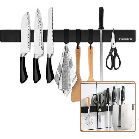 [Amélioré 50 cm] Barre magnétique Trhillsbrad pour couteau, 50 cm, porte-couteaux magnétique avec 3 crochets en acier inoxydable, barre à couteaux autocollante, noire, support mural sans perçage (1/5)