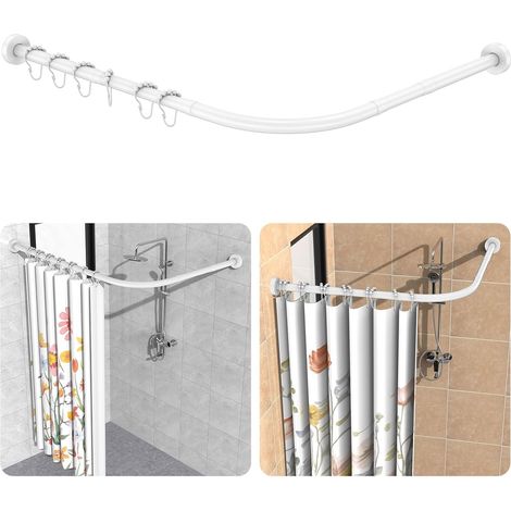 Tringle à Rideau de Douche Sans Perçage en Forme de L en Acier Inoxydable 304, Barre de Rideau de Douche D'angle, 75-105 x 75-105 cm, Avec 18 Anneaux, Sans Support de Plafond, Pour Baignoire - Blanc (1/5)