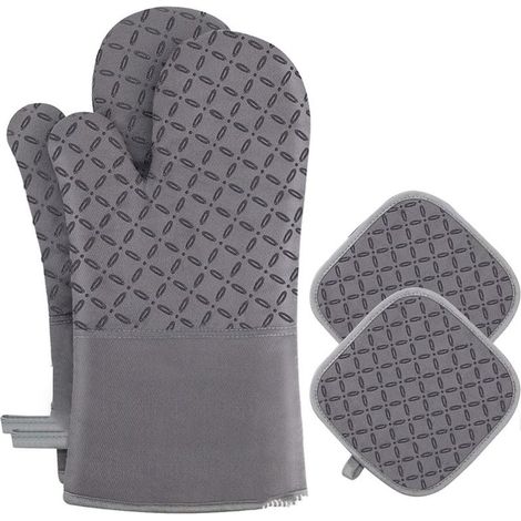 4er-Set Ofenhandschuhe/Topflappen – Hitzebeständige Ofenhandschuhe bis 300 °C, rutschfeste Silikonhandschuhe, weiche Baumwolle, 32 cm lang und flexibel, Grau (1/5)