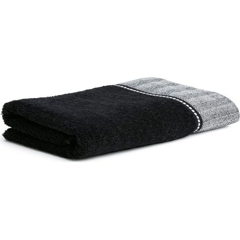 Drap de Douche uni avec Bordure à Chevrons, 85% Coton, 10% Viscose, 5% Lin, Noir, 80 x 150 cm (1/5)