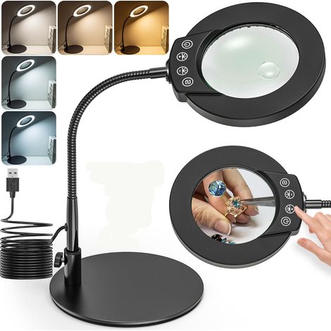 Loupe de bureau LED avec pied et base, grossissement 10x/15x, 5 modes de lumière et luminosité réglable pour travaux de précision (1/5)