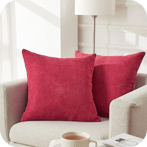 Lot de 2 Housse de Coussin 50x50cm Décoratif Canapé en Chenille Housses Coussin Decoration Chambre Carré Couleur Uni pour Chaise,Voiture,Bureau, Rouge Motif (1/4)