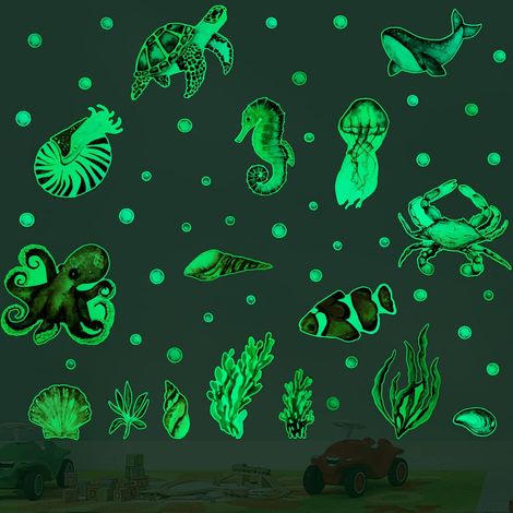 Stickers muraux phosphorescents sur le thème de l'océan, 52 pièces, autocollants amovibles représentant des créatures marines pour la salle de bain et la chambre d'enfants, style aquarelle, vert. (1/5)