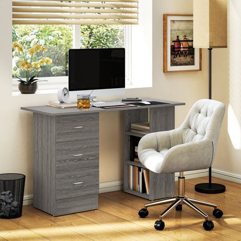 Bureau moderne en bois avec 3 tiroirs et 3 étagères, idéal pour la chambre ou le bureau. Dimensions : 120 x 49 x 72 cm. Couleur : gris. (1/5)