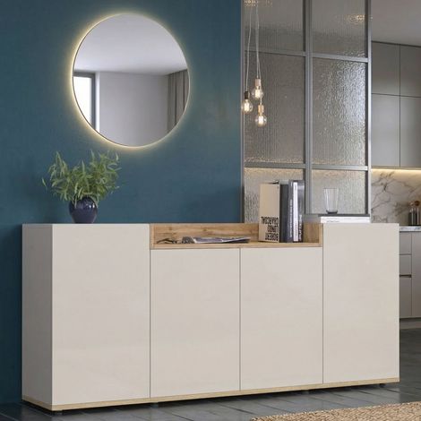 Aparador Swink, 6 estantes, puerta abatible, hecho en Italia, 4 puertas, 160x35x70h cm Blanco Cashmere