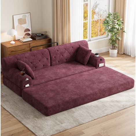 Divano trasformabile a 3 posti 208x80x81 cm con 4 tasche, 2 portabicchieri, schienale alto, velluto a coste - rosso (1/5)