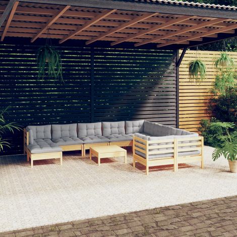 11-tlg. Garten-Lounge-Set mit Grauen Kissen Kiefernholz (1/5)