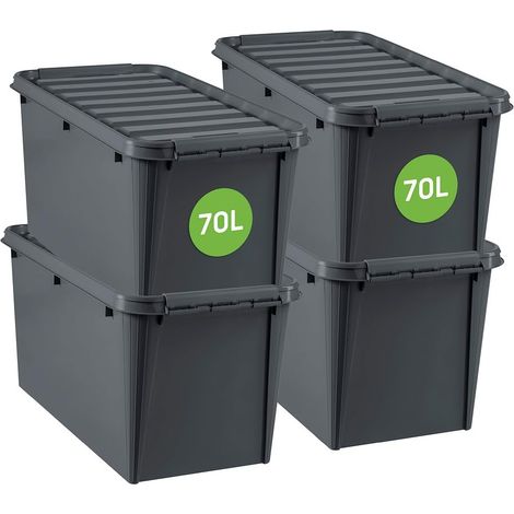 Recycled 70 L - Lot de 4 Boîtes de Rangement - 100% Plastique Recyclé - Gris - 72 x 40 x 38 cm - 70l (1/5)