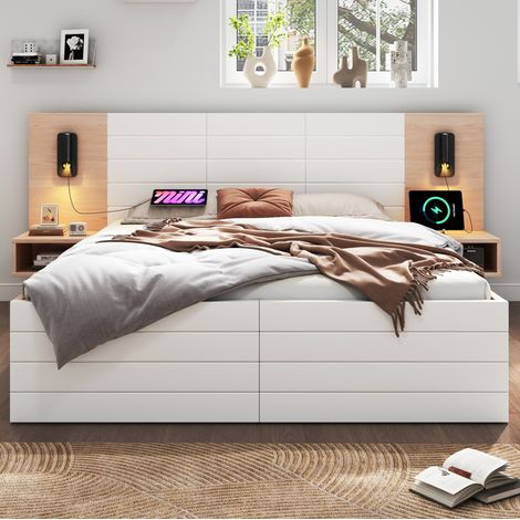 Bett aus Massivholz und MDF in Weiß/Eiche, 140x200 cm, mit 2 Schubladen, 2 Nachttischen, Leselicht, USB und Lattenrost (1/5)