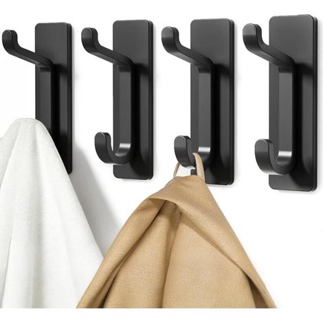 Selbstklebender Wandhaken, Handtuchhalter fürs Badezimmer, Geschirrtuchhaken für die Küche, selbstklebender Garderobenhaken, Wandmontage ohne Bohren, wasserdicht, rostfrei, schwarz, 4 Stück (1/4)