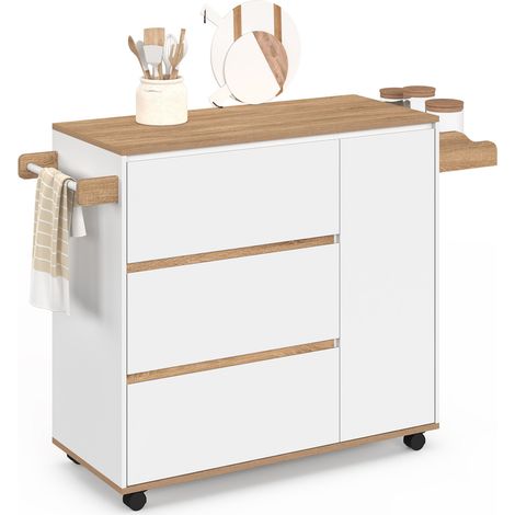 Credenza COMI XXL con 3 cassettoni e armadio bianco e piano effetto faggio L. 90 cm (1/5)