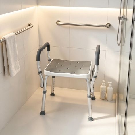 Taburete de ducha para personas mayores y discapacitadas con reposabrazos, altura regulable y patas antideslizantes (solo incluye 1 taburete de ducha). (1/5)