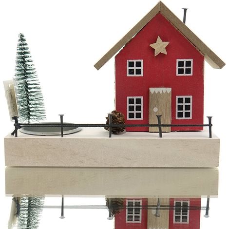 GASPER Weihnachtsdeko Haus Rot mit Baum & Kerzenhalter 15 x 12,5 cm - Holz (1/5)