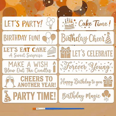 12 Pièces Pochoirs Joyeux Anniversaire avec un Pinceau 75x300mm Pochoirs de Peinture Vœux Pochoir Cake Time PET Thèmes Texte Gabarit PET pour Bois Sol Carrelage Mur Meuble Scrapbook DIY (1/5)