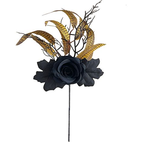 Tige florale décorative Halloween, branche artificielle avec citrouille, plumes et feuilles noires pour arrangement (1/3)