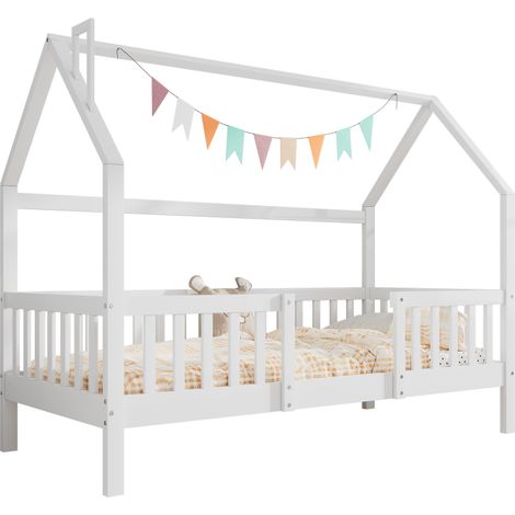 Lit cabane enfant 90x200 en bois de pin, avec toit et barrière, cadre robuste, couleur blanc classique, montage facile – CHICFURN (1/5)