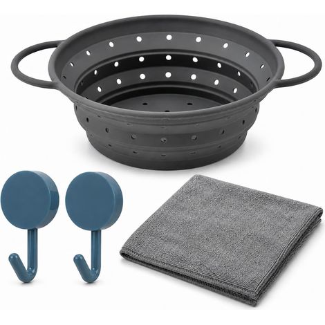 Passoire Pliable Silicone Gris, Passoire Cuisine avec 2 Crochets et Chiffon (1/5)