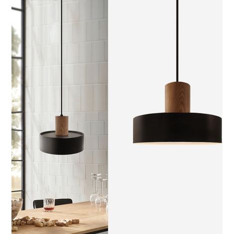 Lampe Suspension Bois,Suspension Luminaire Noir Aluminium ø25cm Abat-Jour,Lampe Cuisine Suspendue,E27 Lampe Suspendue Salle à Manger,Chambre Chevet,Salon (1/5)