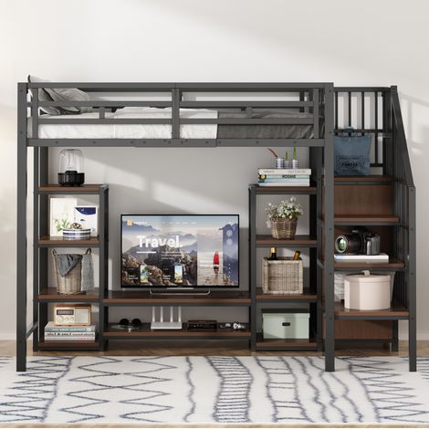 Lit mezzanine 90 x 200 cm en métal noir avec support TV et prise intégrée (1/5)