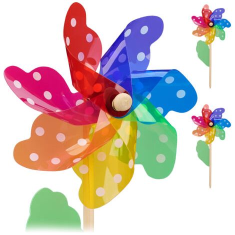 Ensemble de 4 moulins à vent Relaxdays, motif pointillé et feuille décorative, pour jardin, balcon & terrasse, bois/PP, coloré (1/5)
