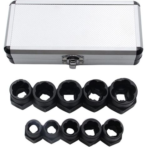 Ensemble d'extracteurs de vis 10 pièces, outil de retrait d'extracteur d'écrou de boulon noir en acier au chrome vanadium à forte adhérence avec boîte en aluminium (1/5)