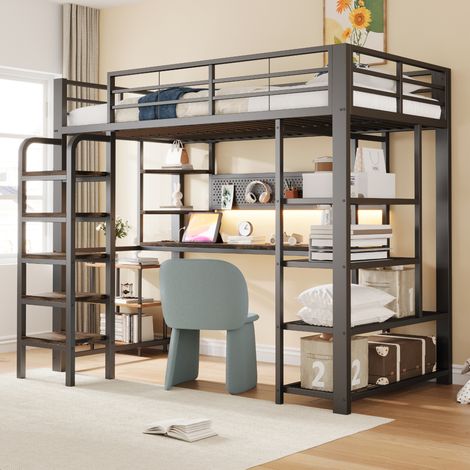 Cama alta 90x200 cm con escritorio, LED multicolor, enchufes, estantes, negro HAVRYA (1/5)