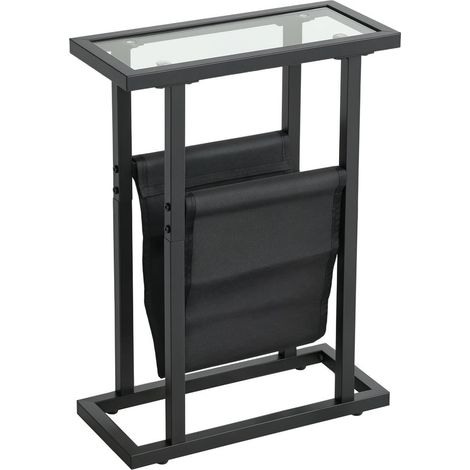 Table d'appoint étroite bout de canapé avec porte-revues lin et verre trempé noir 40x18x55,5 cm (1/5)