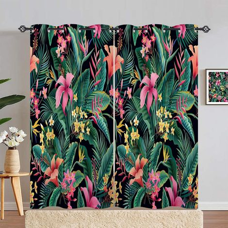 Rideau Occultant Tropical Feuille Fleur Tenture Opaque à Oeillets Draperies Intérieurs Rideau Thermique Isolant pour Maison Chambre Salon Fenetre 2 Pièces L 140 x H 280 cm - 140L X 280H cm (2 Panneaux (1/5)