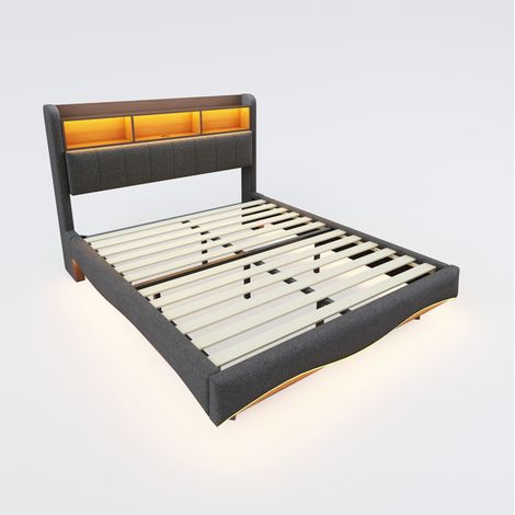 Polsterbett schwebend 140x200 cm grau in Leinen, LED, USB-C, Kopfteilablage (1/5)