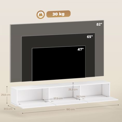 Meuble TV suspendu, fixation murale, 3 tiroirs, grand espace de rangement, 180 cm, blanc (1/5)