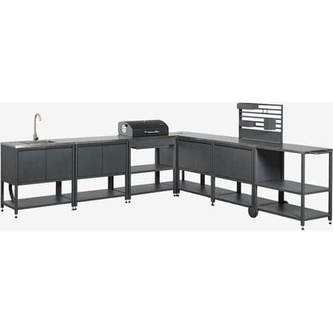 SKLUM Modulare Eck-Außenküche mit 7 Teilen, Spüle, Organizer-Panel und Holzkohlegrill aus Stahl Savona Grau Graphit (1/5)