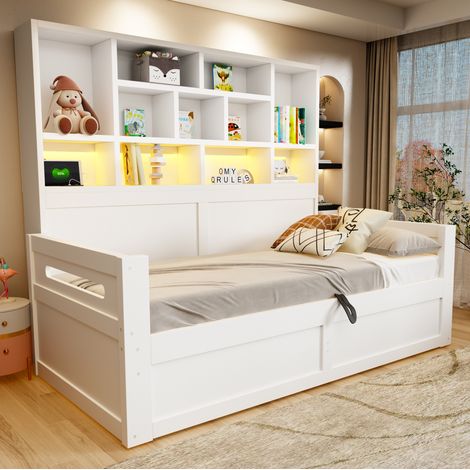 Letto singolo 90x200 cm bianco in MDF con vano idraulico, LED e prese (1/5)