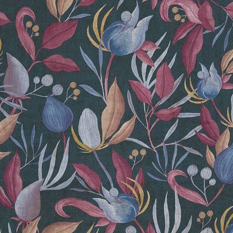 Papel pintado floral Profhome 790623 papel pintado vinílico estampado en caliente tejido non tejido ligeramente texturado con ornamentos florales mate azul azul-grisáceo púrpura amarillo naranja 5,33 