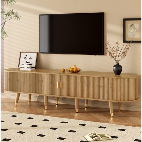 Meuble TV Design Haricot 175 cm avec 2 portes coulissantes 4 rangements et 2 tiroirs style Campagnard - Natural 175x38x45 cm (1/5)