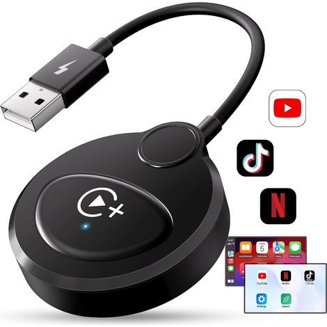 CarPlay sans Fil, Adaptateur Vidéo CarPlay sans Fil Intégré à Netflix Youtube Tiktok pour iPhone, CarPlay sans Fil Convertit Le Filaire en sans Fil, Connexion Automatique pour Voitures Après 2016 (1/5)