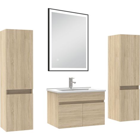 Océan Meuble simple vasque chêne wotan 60cm avec colonne et miroir 3 couleurs et dimmable (1/5)