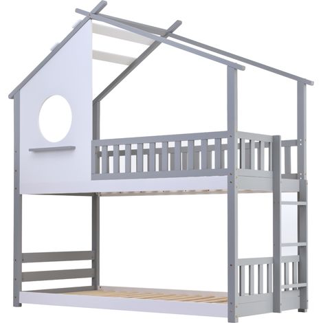 Kinder-Etagenbett Hausbett 90x200 cm mit Fallschutz und Leiter aus Kiefernholz grau weiß (1/2)