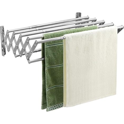 1 Étendoir à linge mural, 7 tiges, acier inoxydable, rétractable 42-80 cm, balcon salle de bain
