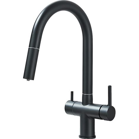 Grifo de cocina, doble manija, giratorio 360 grados, negro mate. (1/2)