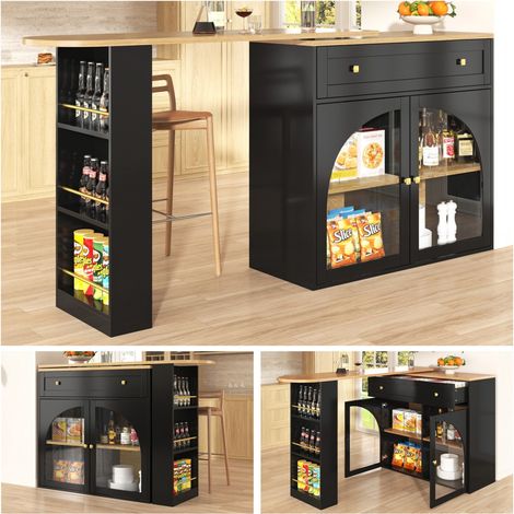 Table de Bar Extensible et Pivotante 360° - 138-204x39x104cm - Îlot de Cuisine avec Rangement et Verre Sécurisé - Noir (1/5)